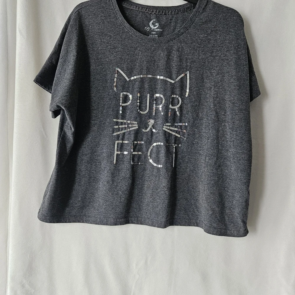 Pj Couture Gray Sequin 'Purrfect' Cat Tee